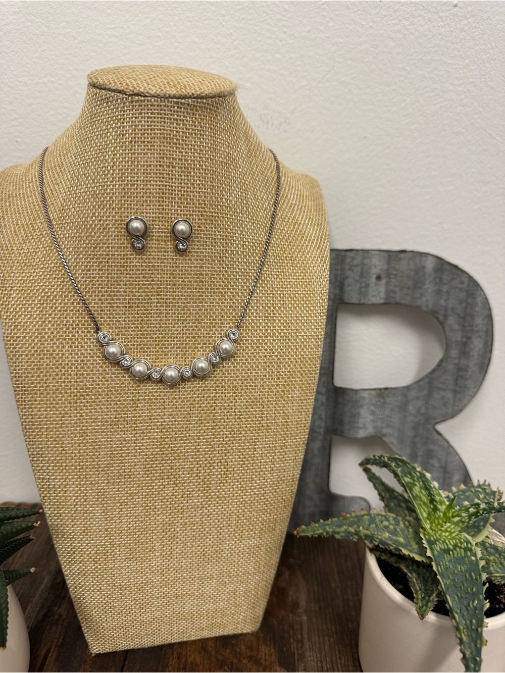 Brighton Silver Infinity Pearl Collar Necklace and Crystal Stud Earrings Set